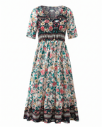 Boho print midi dress with square neckline, gathered waist, and 3/4 sleeves