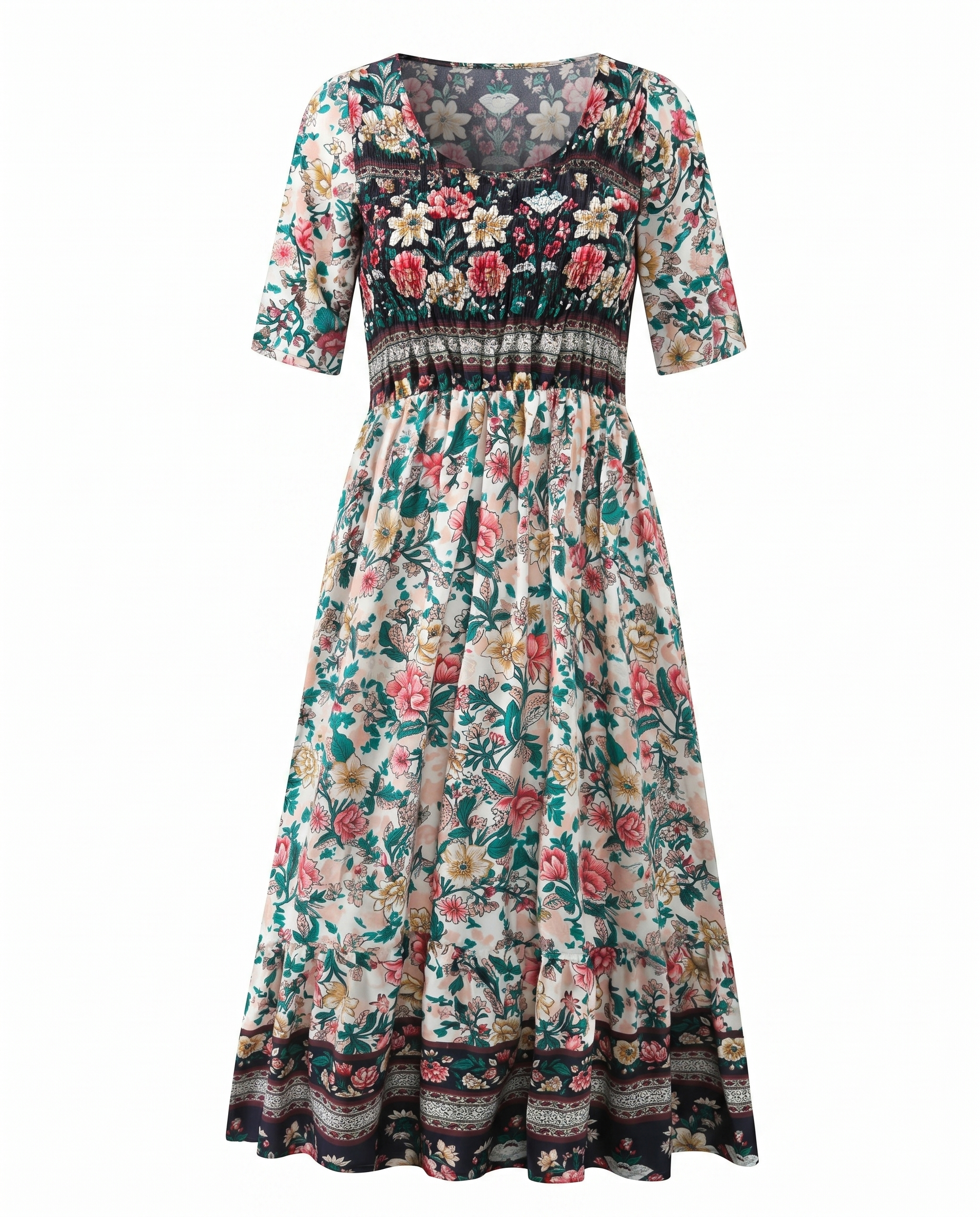 Boho print midi dress with square neckline, gathered waist, and 3/4 sleeves