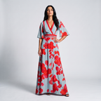 Floral wrap maxi dress with blue base, red V-neck, and red floral print; waist tie