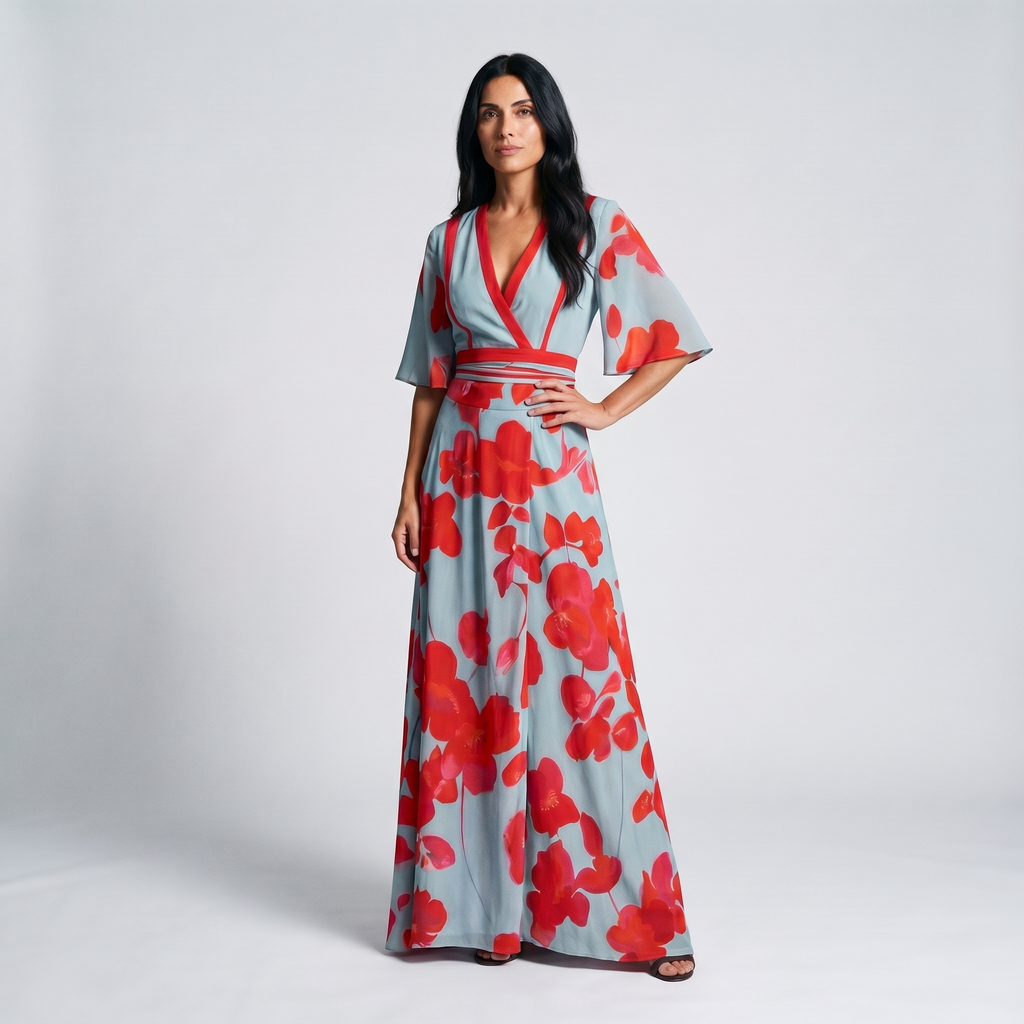 Floral wrap maxi dress with blue base, red V-neck and bold red floral print