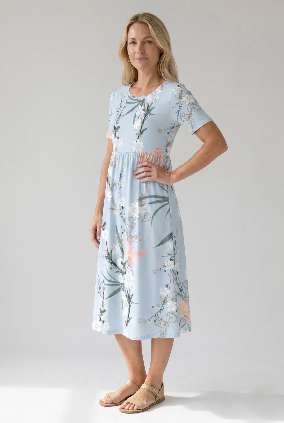 Light blue floral print A-line midi dress, side view, short sleeves and scoop neckline.