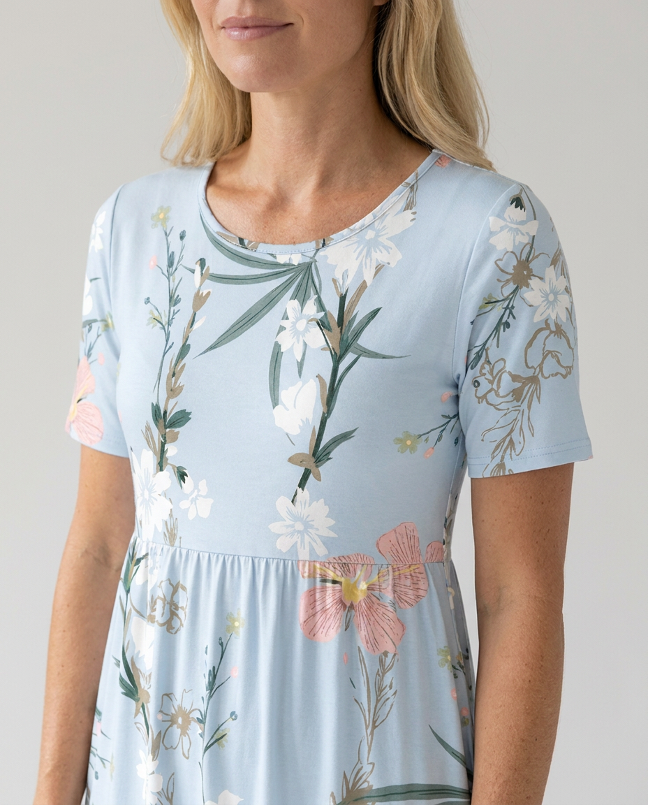 Light blue floral midi dress close-up: scoop neckline and short sleeves