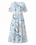 Light blue floral midi dress with short sleeves, gathered waist, scoop neckline