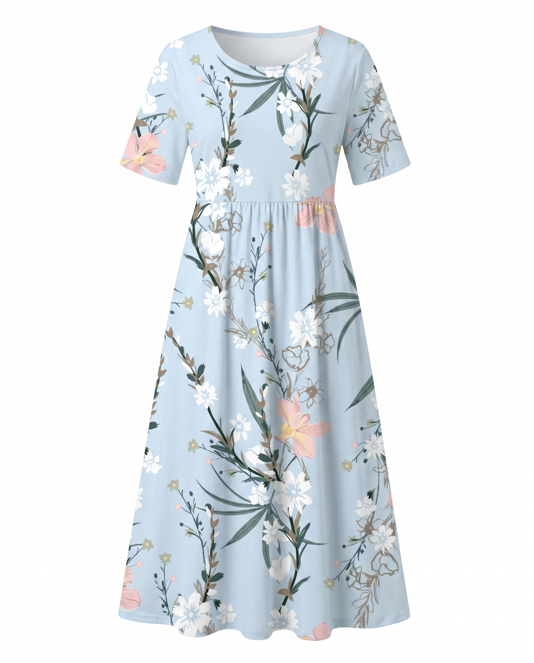 Light blue floral midi dress with short sleeves, gathered waist, scoop neckline