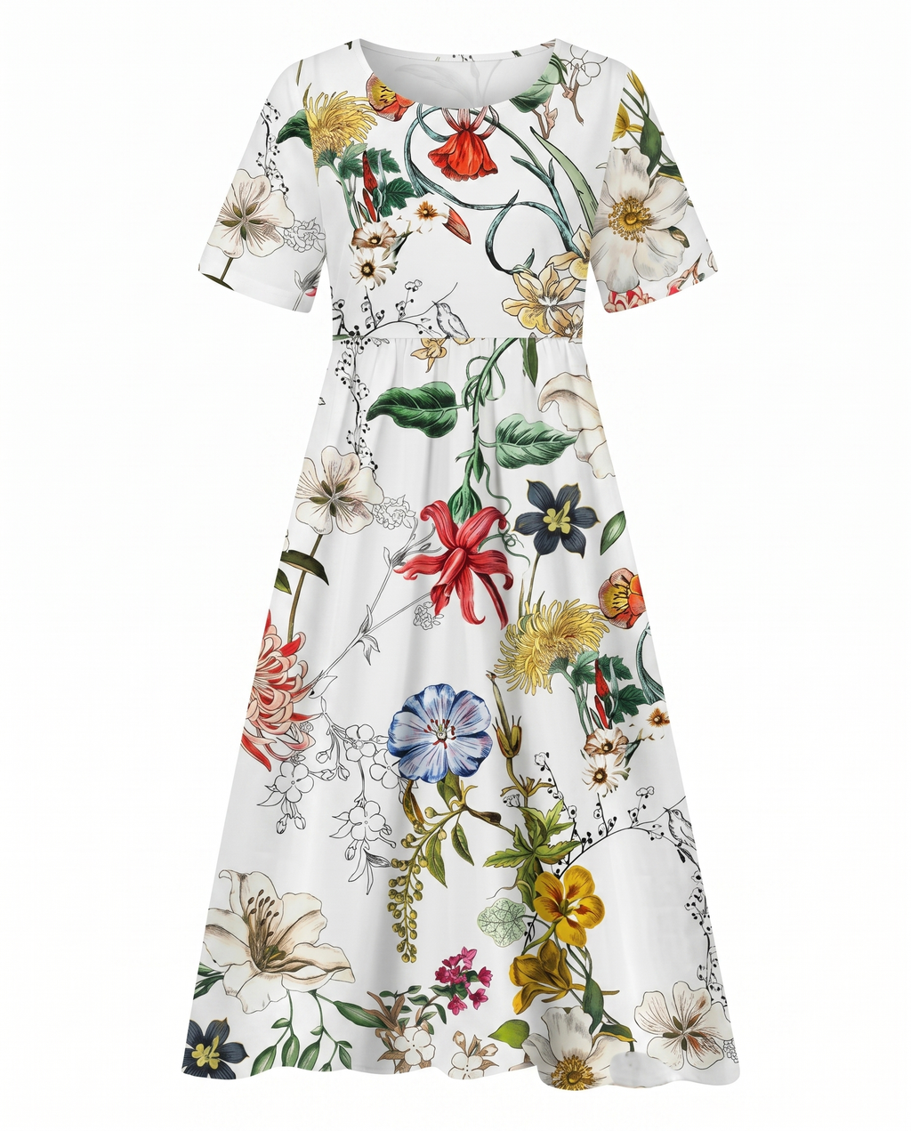 White floral midi dress with short sleeves and gathered skirt, colorful botanical print