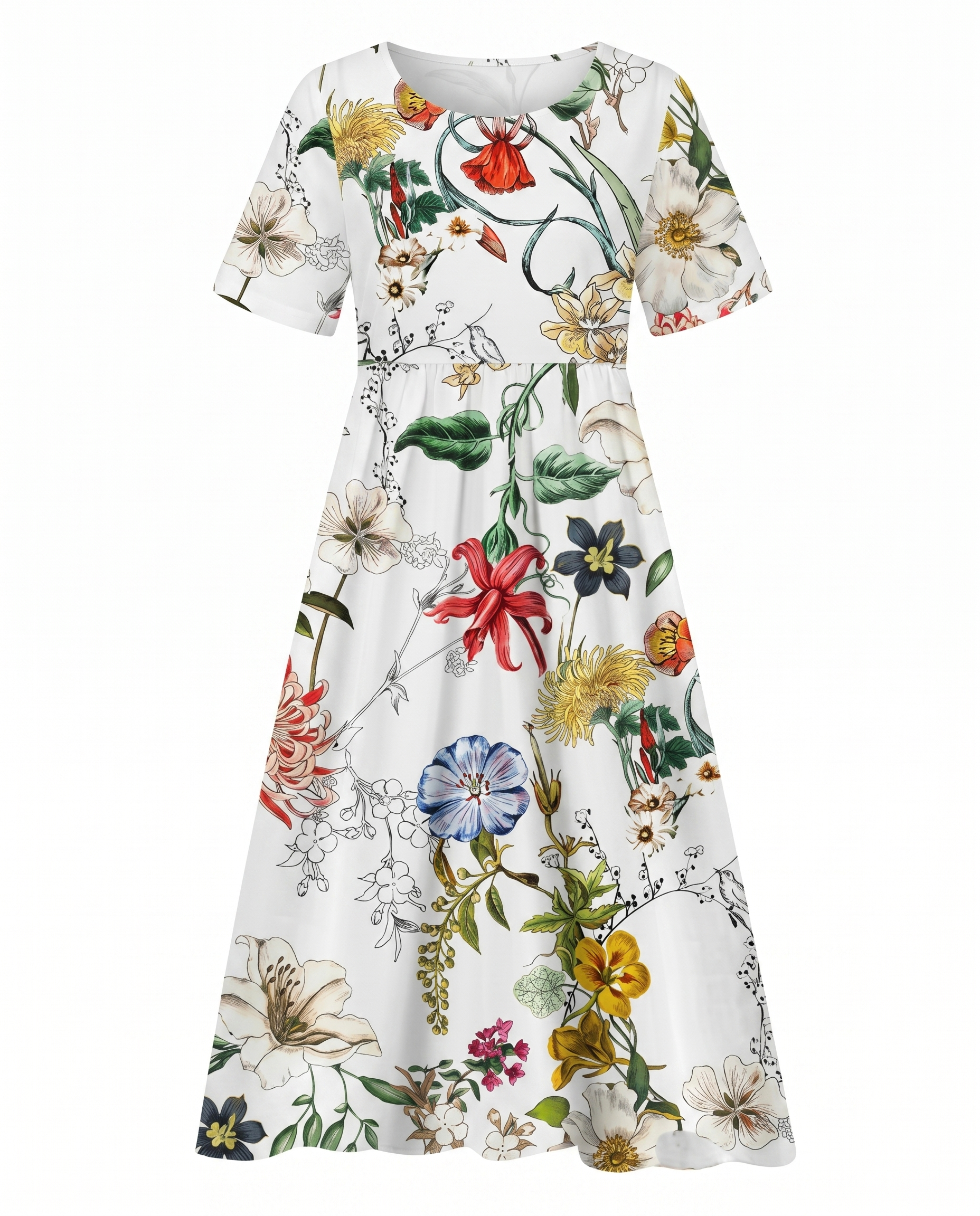 White floral midi dress with short sleeves and gathered skirt, colorful botanical print