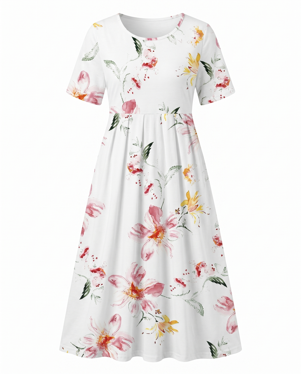 White floral midi dress with short sleeves and gathered skirt, pink and yellow blooms