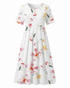White floral midi dress with short sleeves and gathered skirt, pink and yellow blooms
