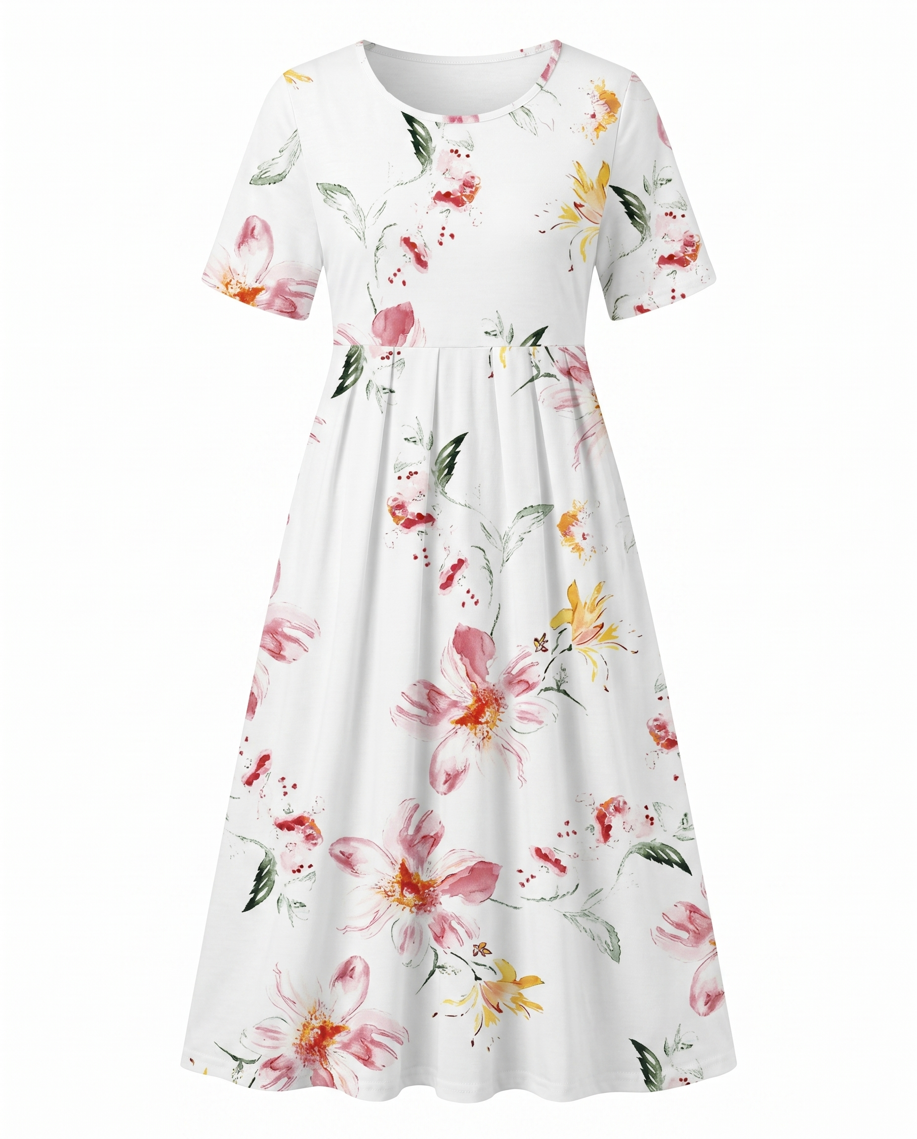 White floral midi dress with short sleeves and gathered skirt, pink and yellow blooms