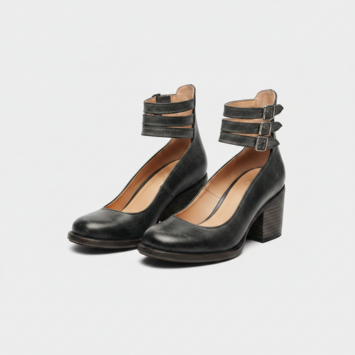 Black ankle-strap heeled shoes with buckle and stacked block heel