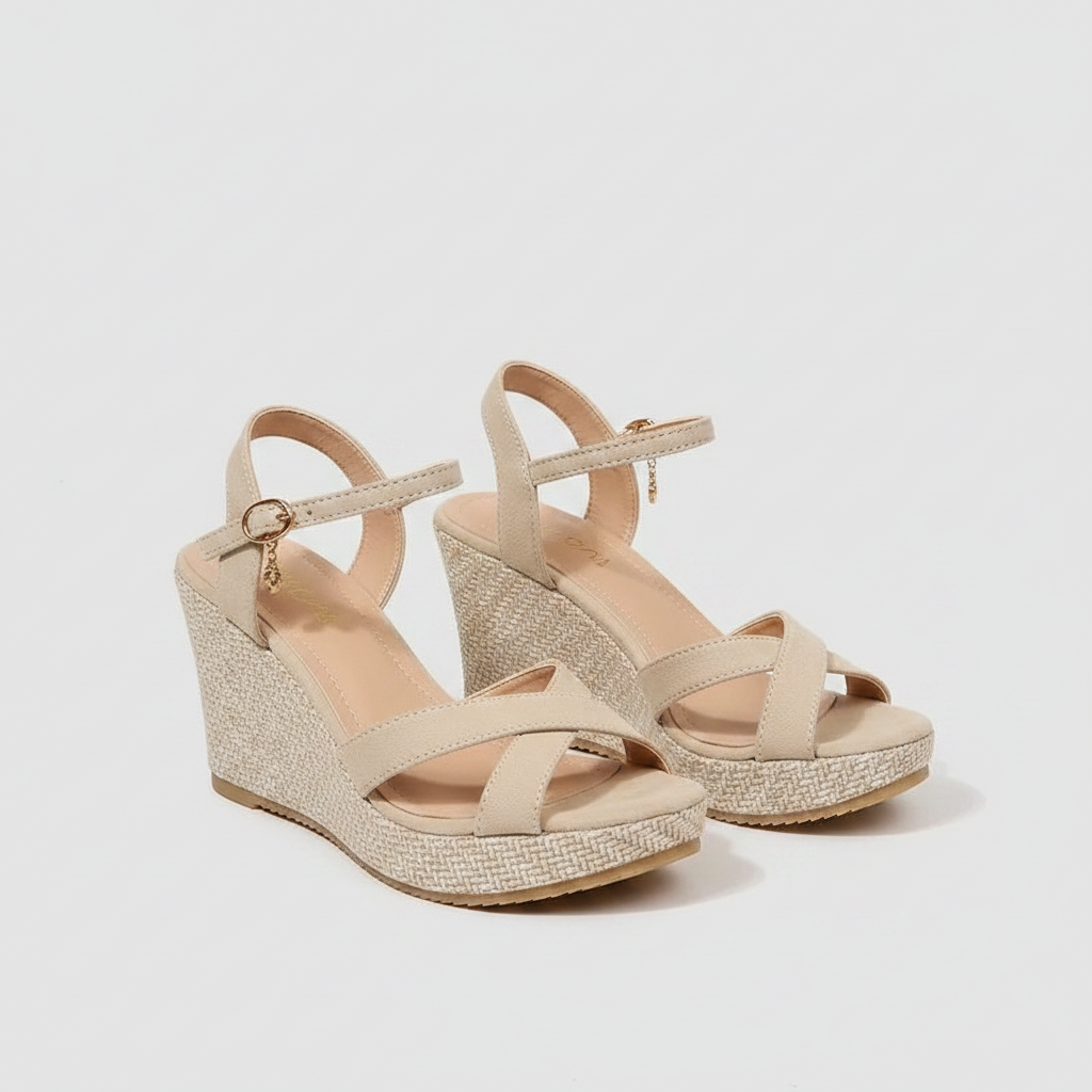 Beige wedge sandals with T-strap, buckle, and textured platform sole