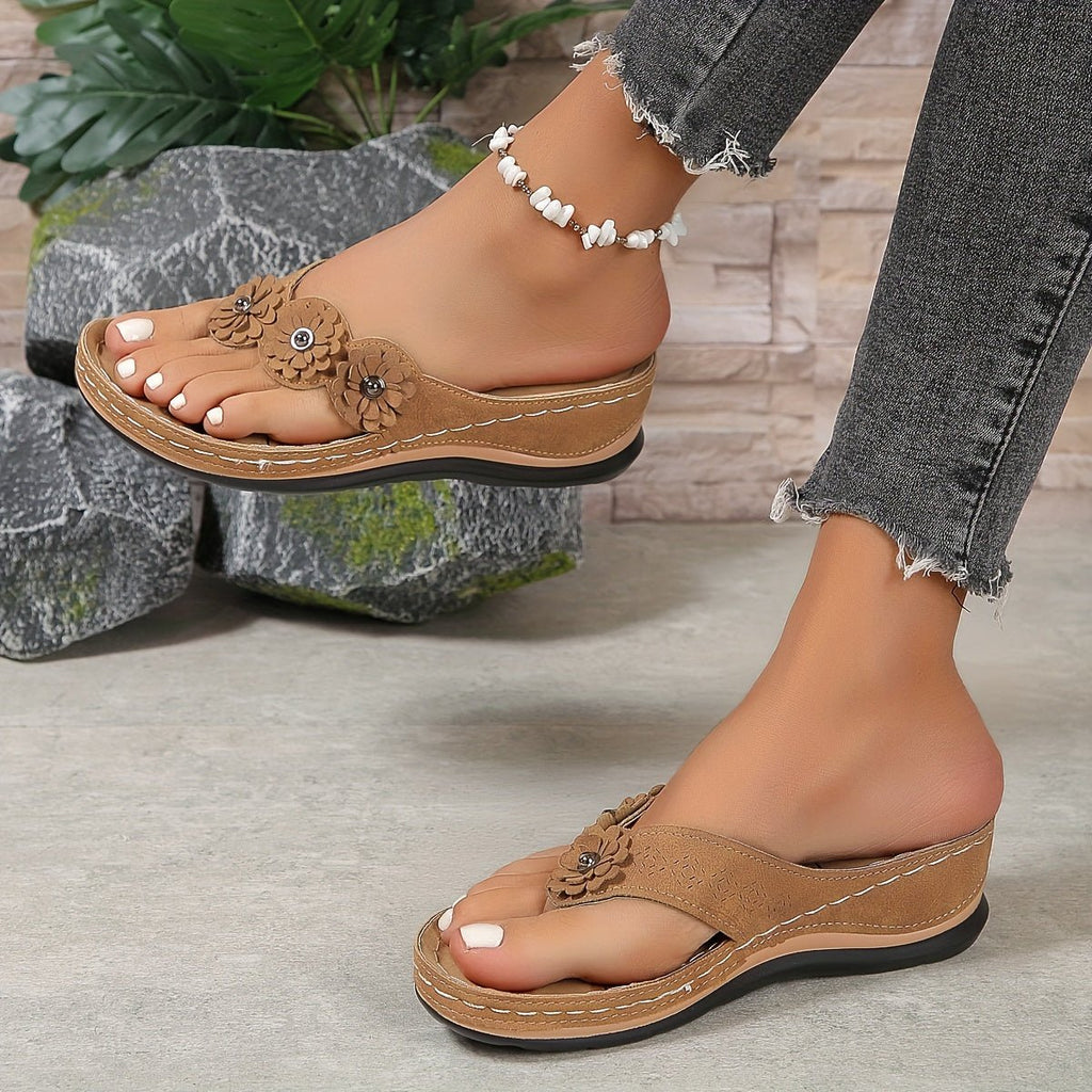 Women's wedge sandals in tan/brown with flower appliques and beaded ankle strap
