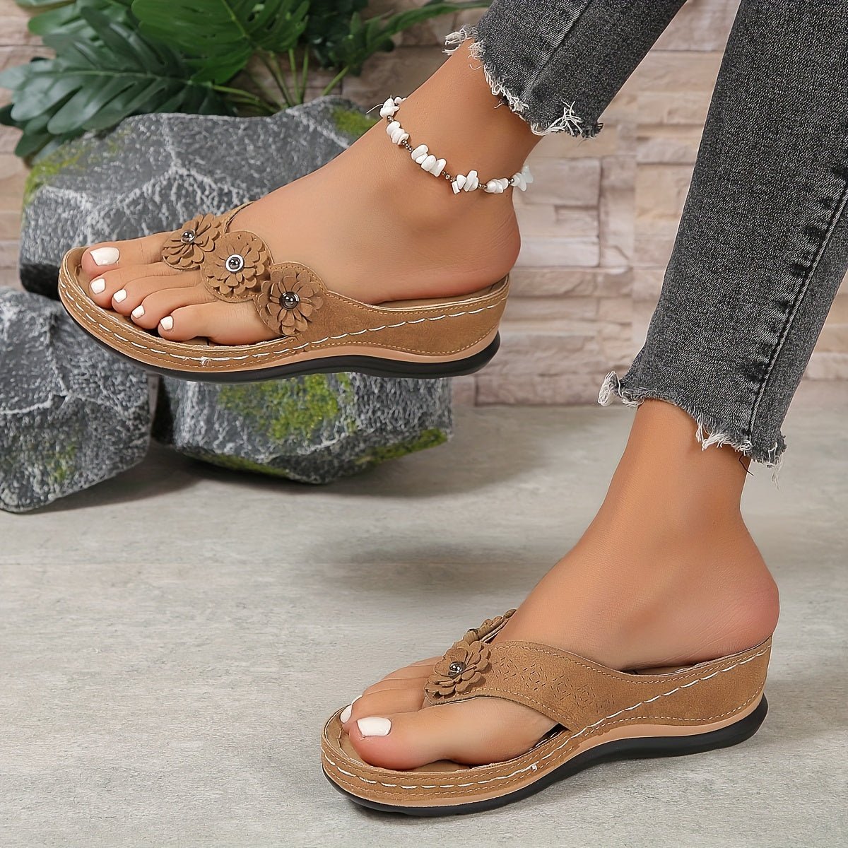Women's wedge sandals in tan/brown with flower appliques and beaded ankle strap