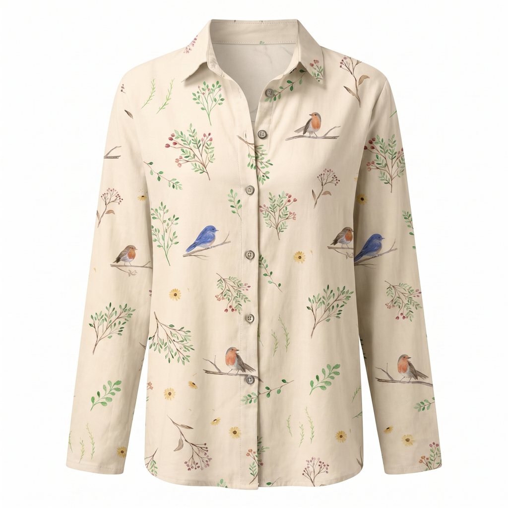 Women's abstract print split-neck blouse, light cream with bird and botanical print
