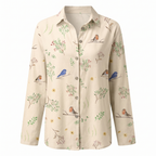 Women's abstract print split-neck blouse, light cream with bird and botanical print
