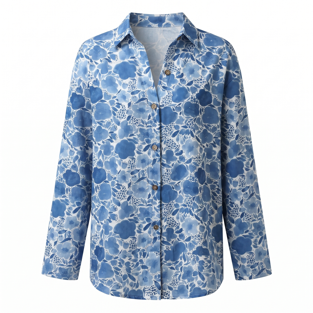 Women's abstract print split-neck blouse, blue abstract floral patch print