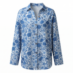 Women's abstract print split-neck blouse, blue abstract floral patch print