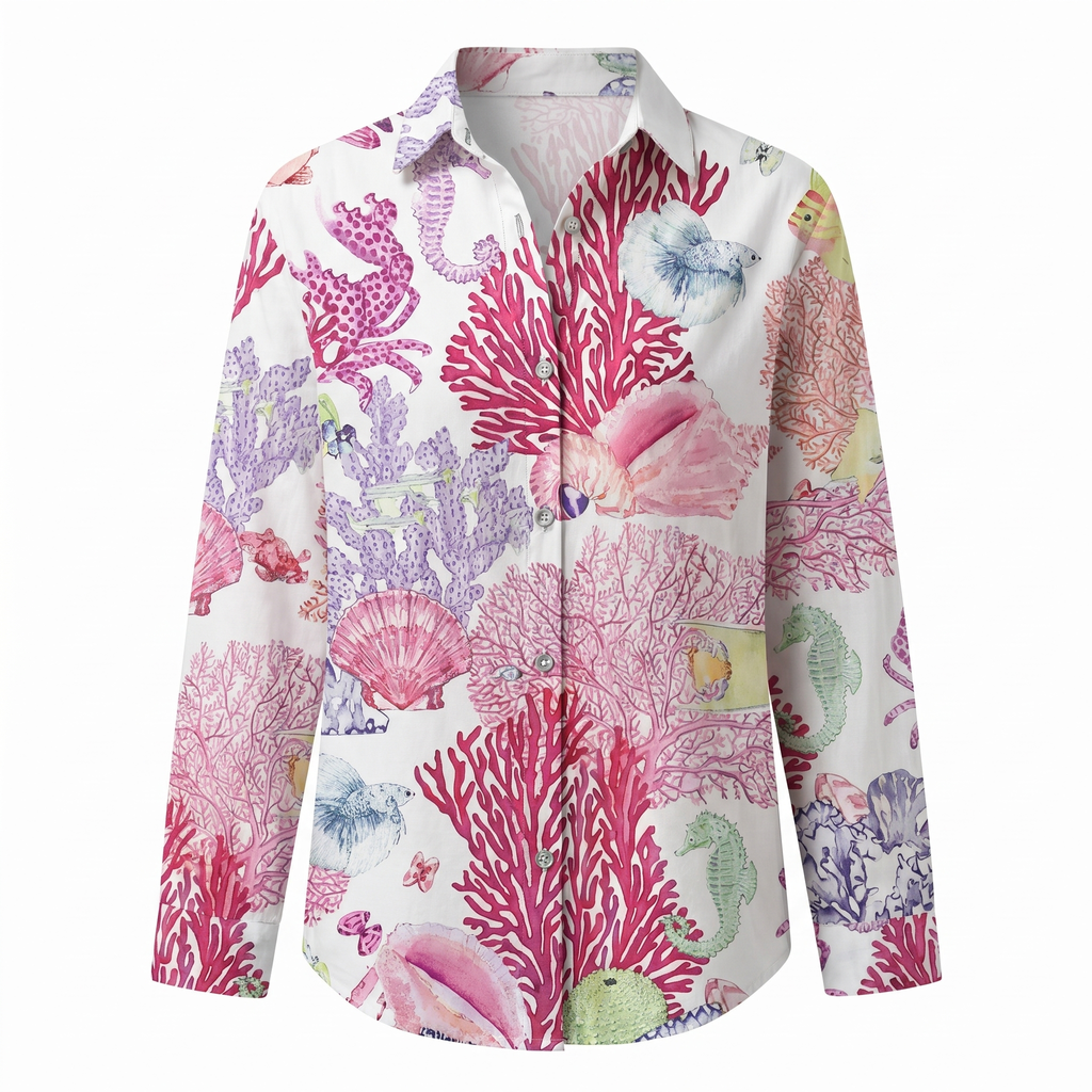Women's abstract print split-neck blouse, white with coral and sea-life print