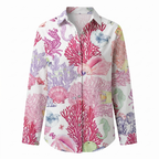Women's abstract print split-neck blouse, white with coral and sea-life print