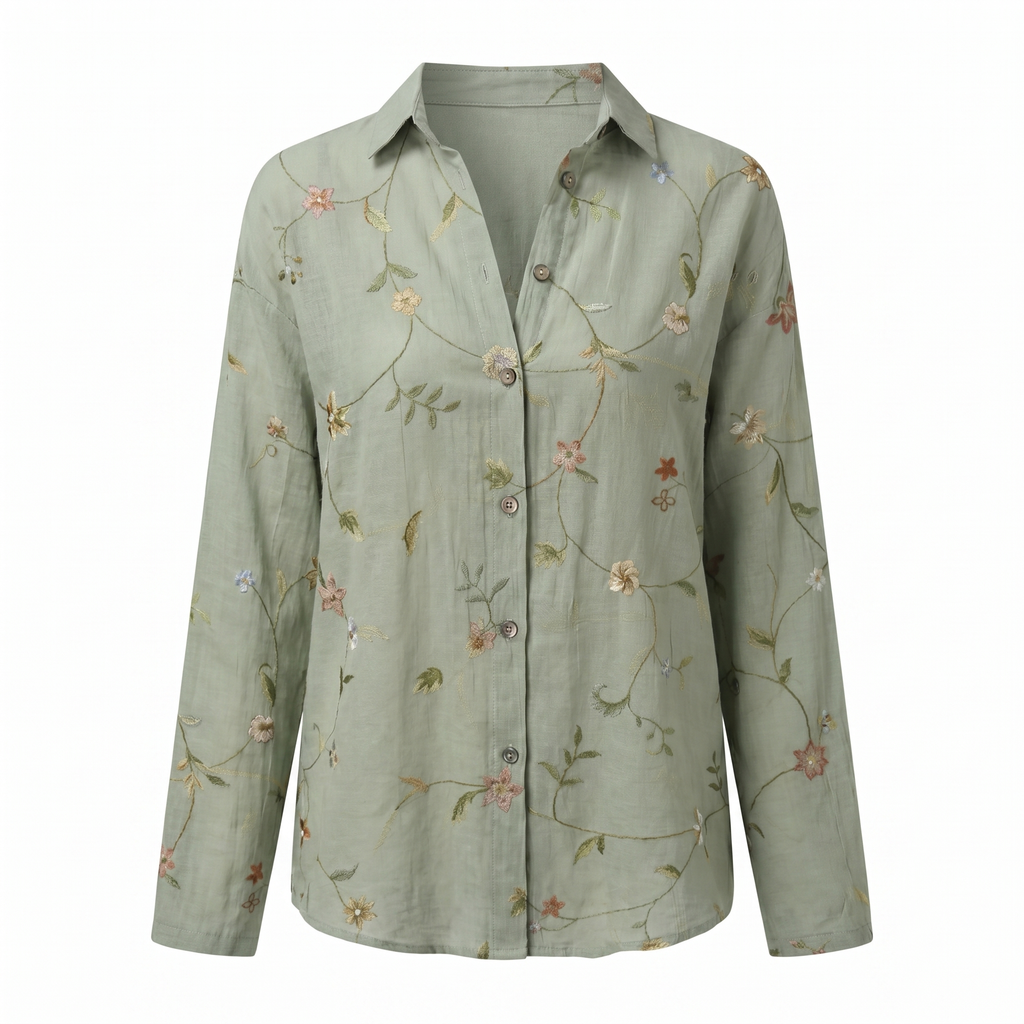 Women's abstract print split-neck blouse, sage green with small floral vine print