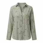 Women's abstract print split-neck blouse, sage green with small floral vine print