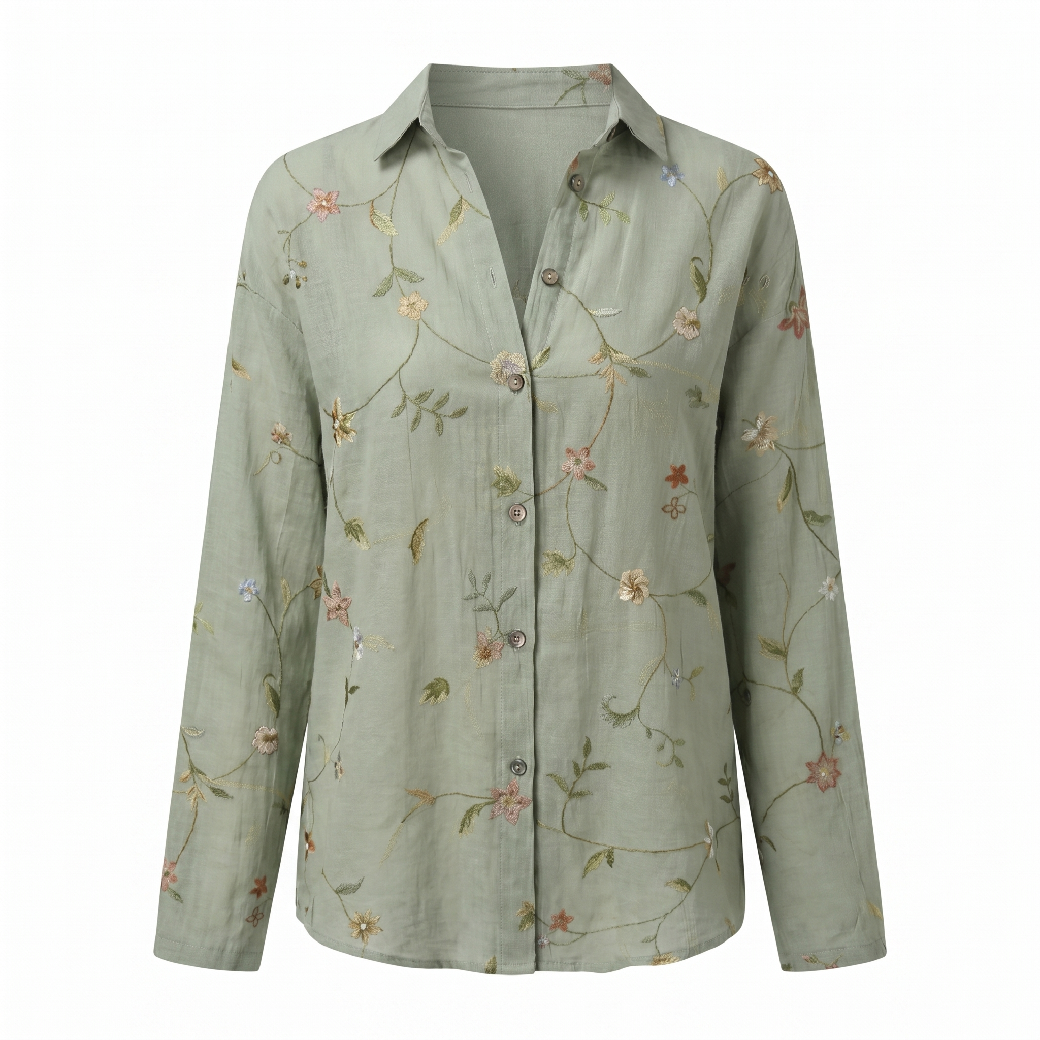 Women's abstract print split-neck blouse, sage green with small floral vine print