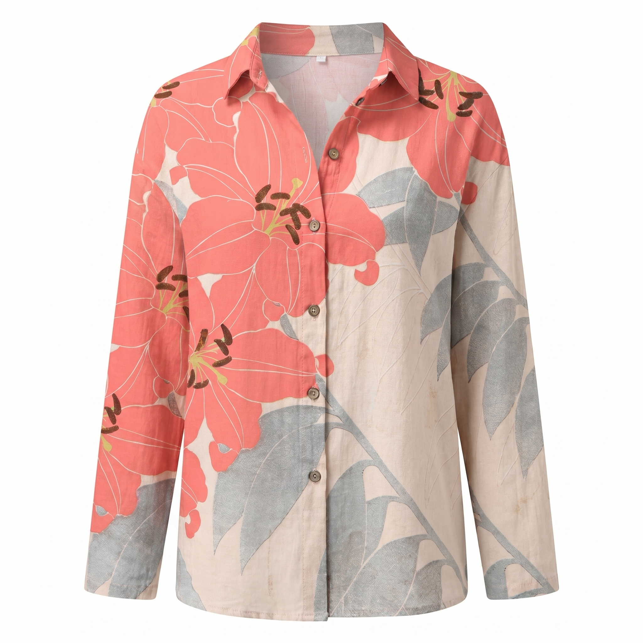 Women's abstract print split-neck blouse, coral and beige leaf line print