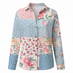 Women's abstract print split-neck blouse, pastel floral and dot panel print
