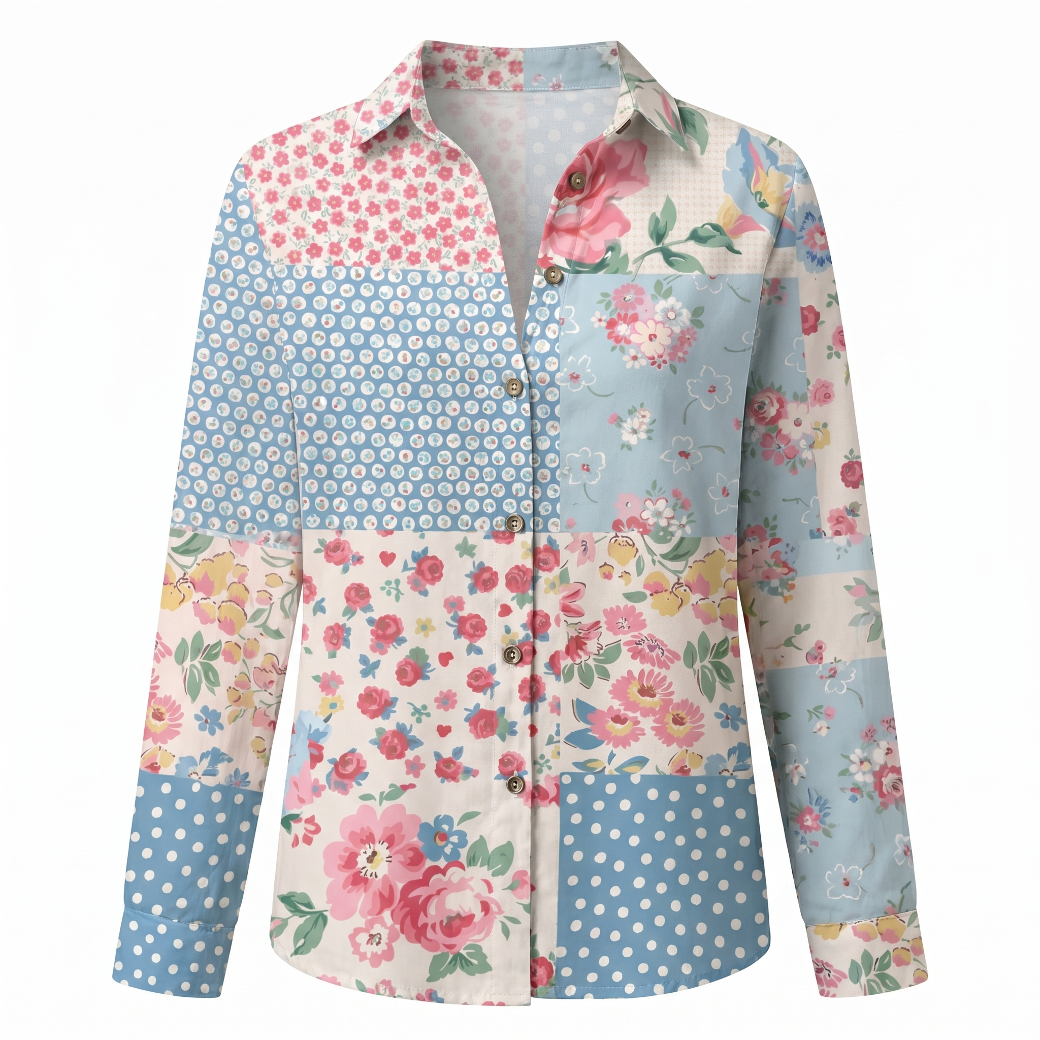 Women's abstract print split-neck blouse, pastel floral and dot panel print