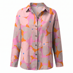 Women's abstract print split-neck blouse, mauve with abstract circle and dot shapes