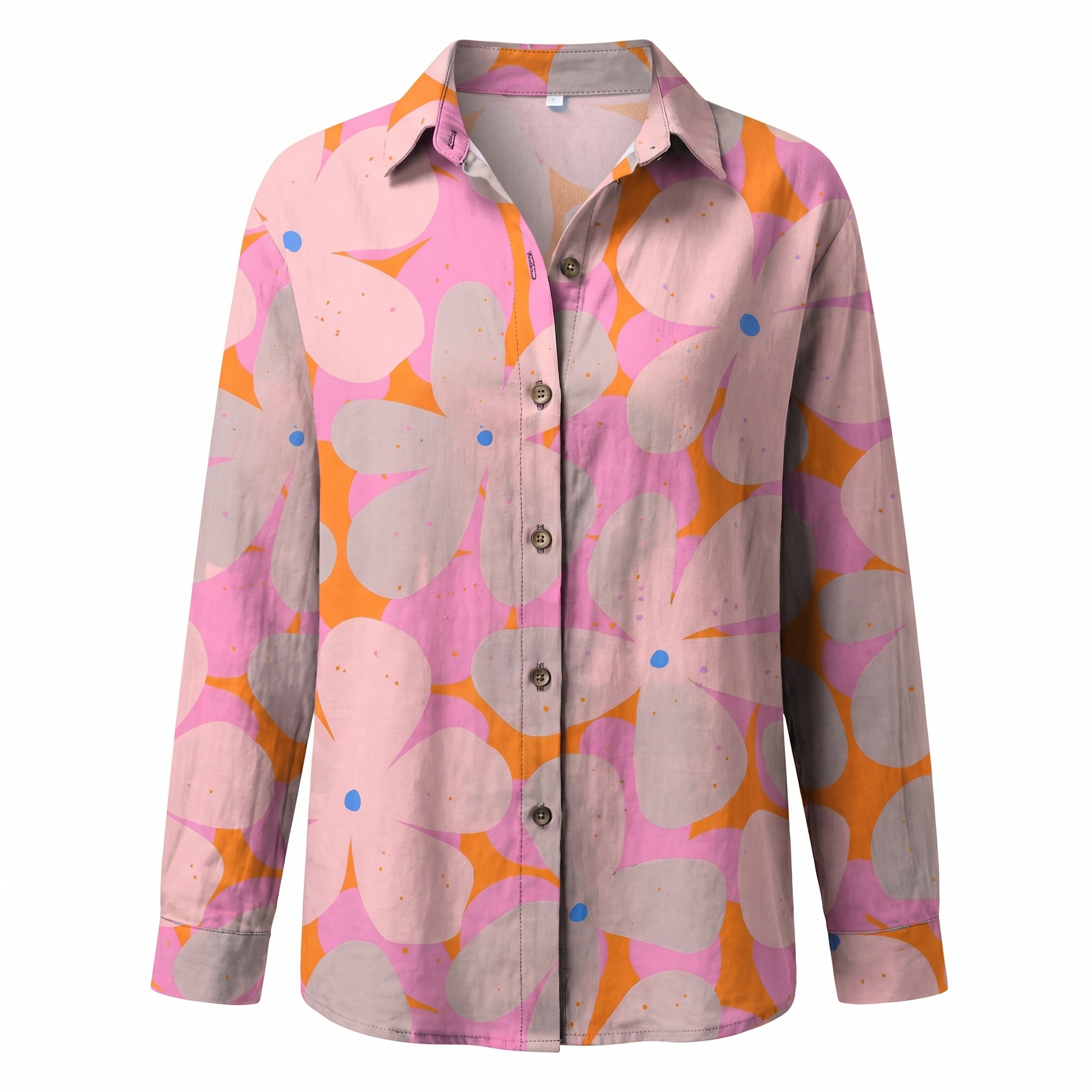 Women's abstract print split-neck blouse, mauve with abstract circle and dot shapes