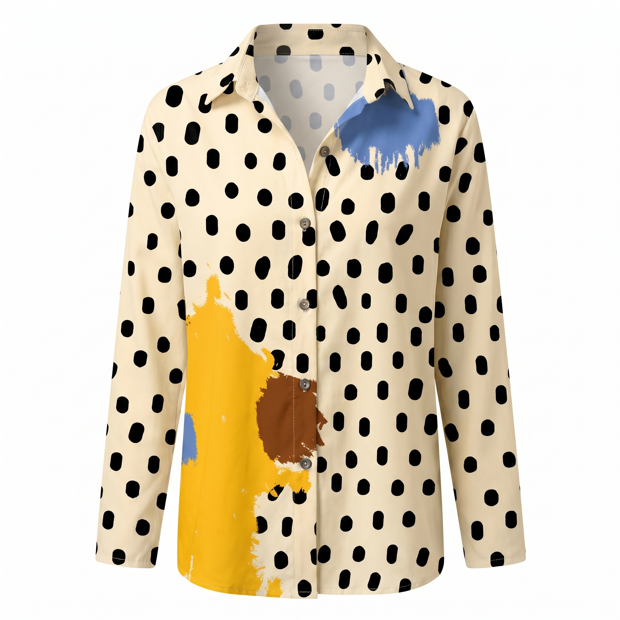 Women's abstract print split-neck blouse, cream with black dots and yellow accents