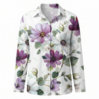 Women's abstract print split-neck blouse, white with purple flower print
