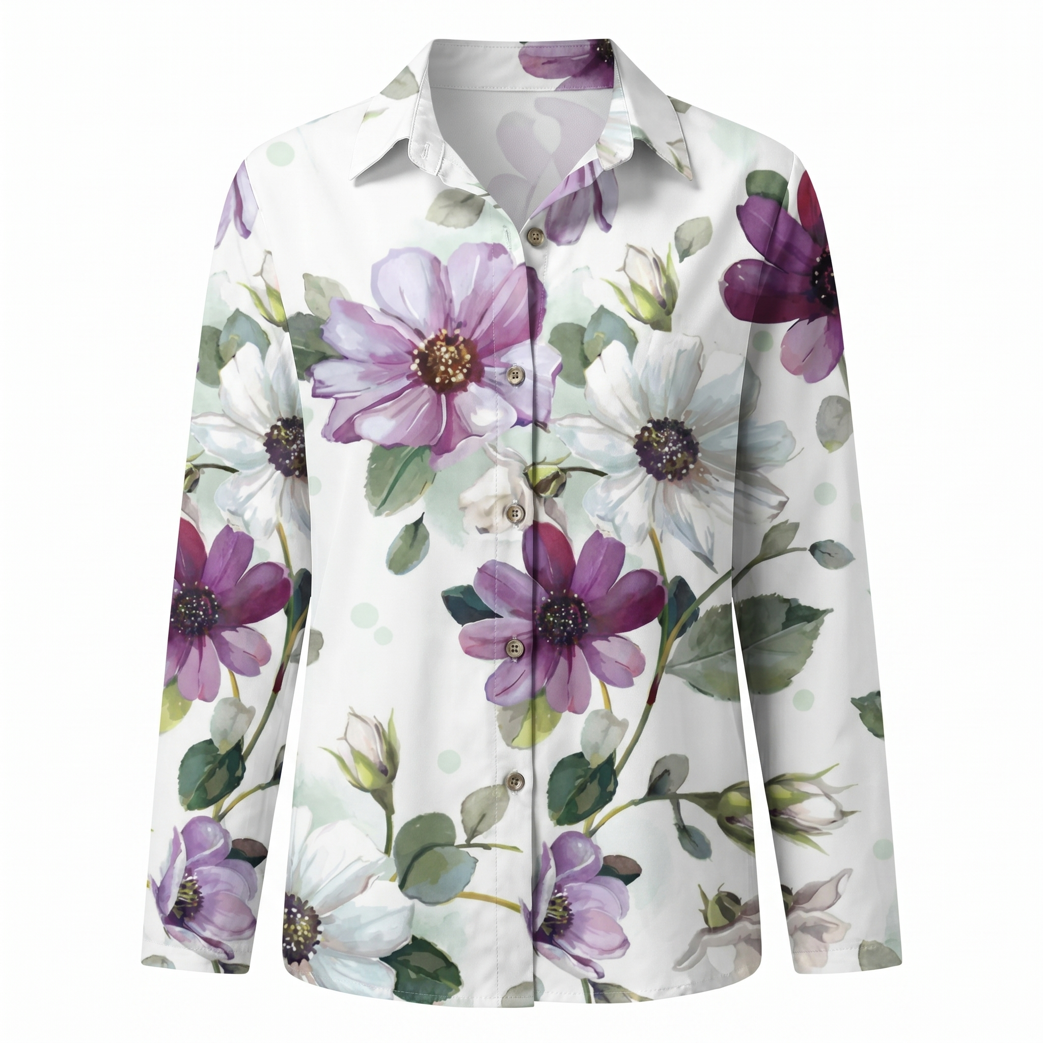 Women's abstract print split-neck blouse, white with purple flower print