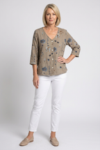 Women's three-quarter sleeve blouse, khaki with blue floral print and button front