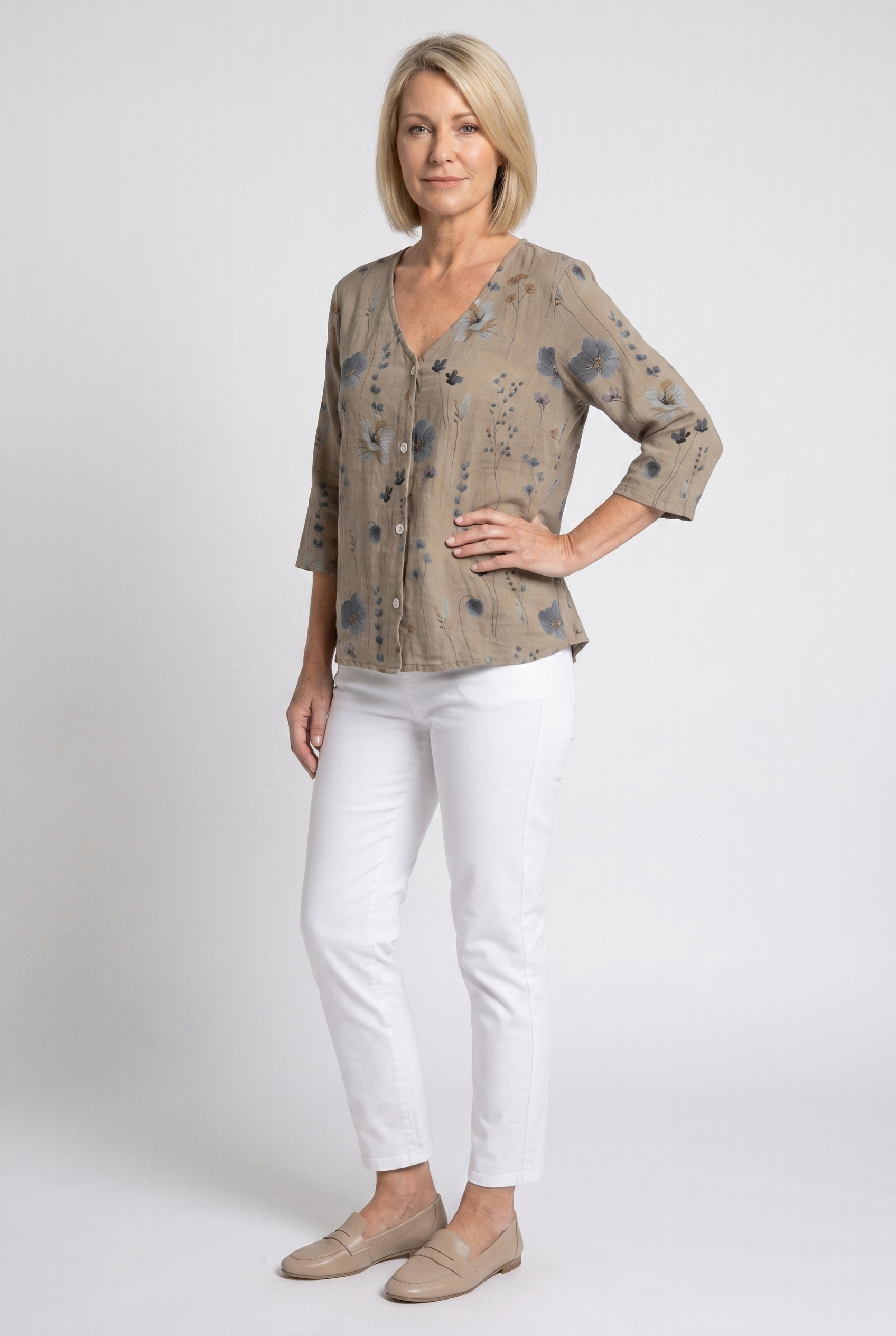 Women's three-quarter sleeve blouse, khaki with blue floral print and button front