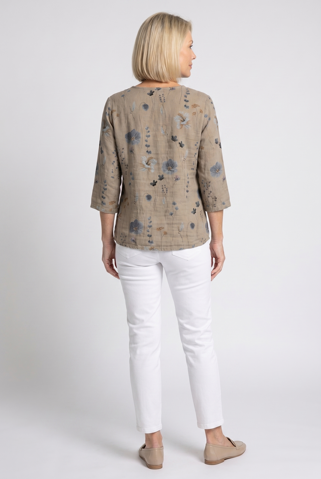 Women's three-quarter sleeve blouse back view, khaki with blue floral print