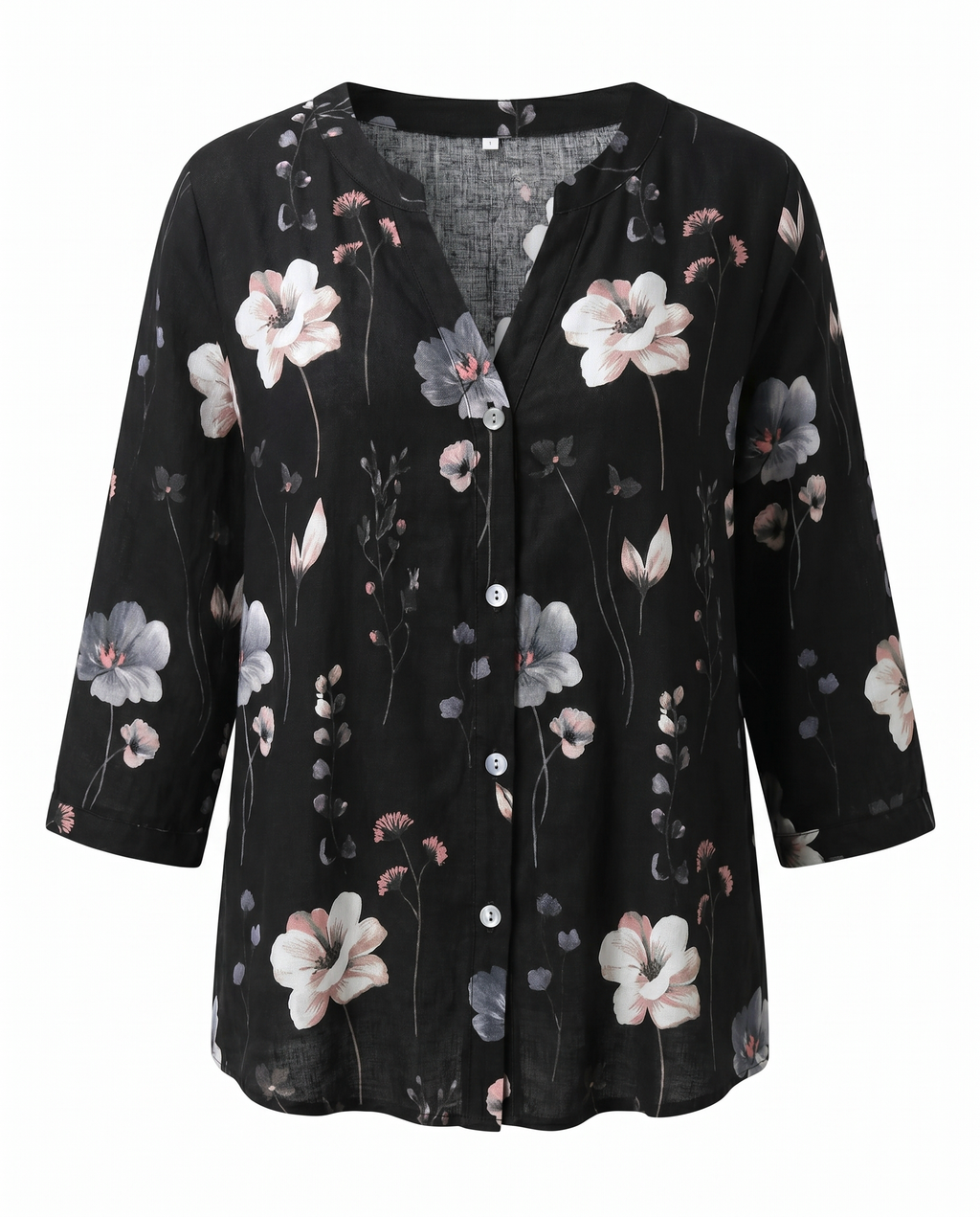 Women's three-quarter sleeve blouse, black with pink and white floral print and buttons