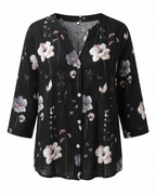 Women's three-quarter sleeve blouse, black with pink and white floral print and buttons