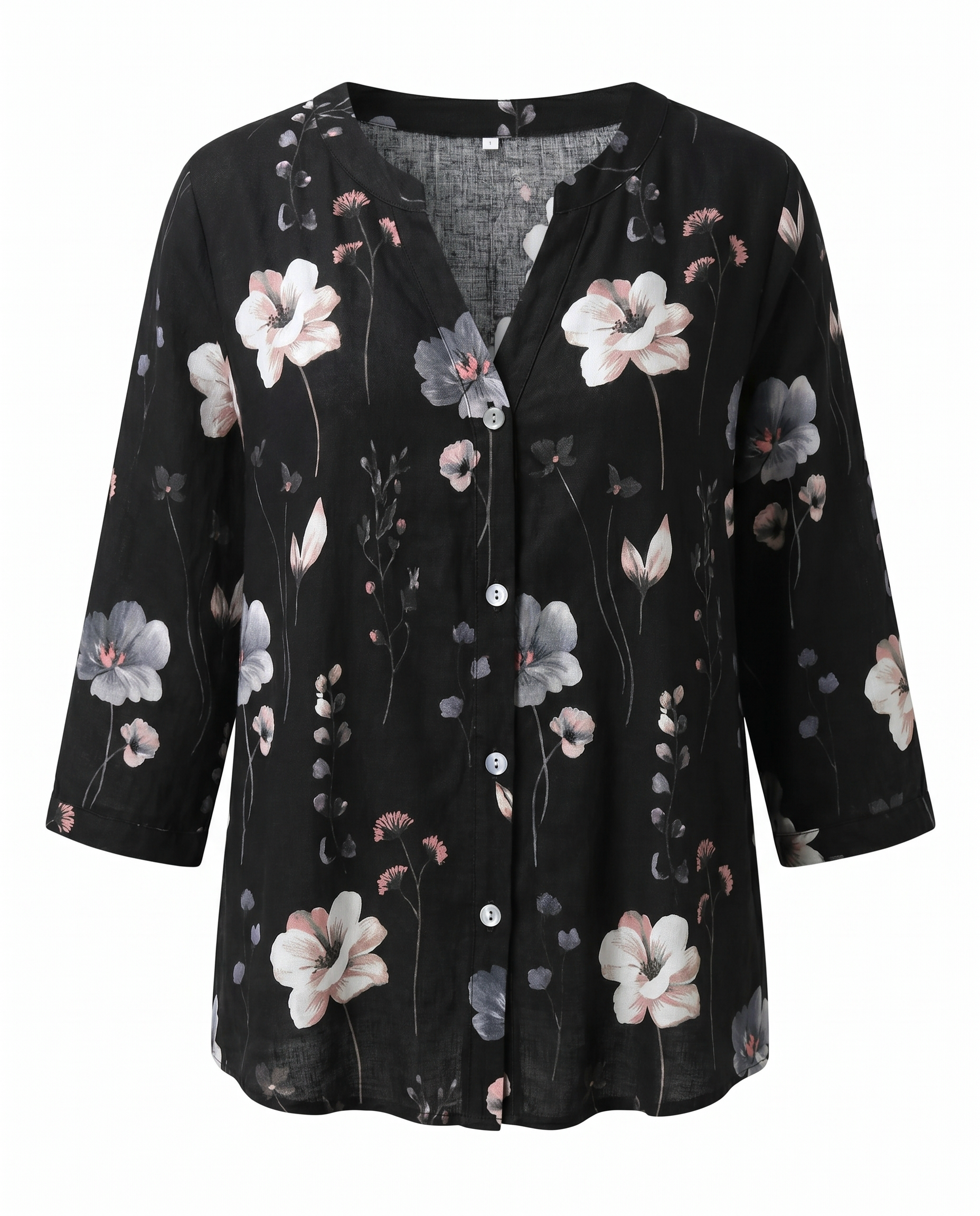 Women's three-quarter sleeve blouse, black with pink and white floral print and buttons