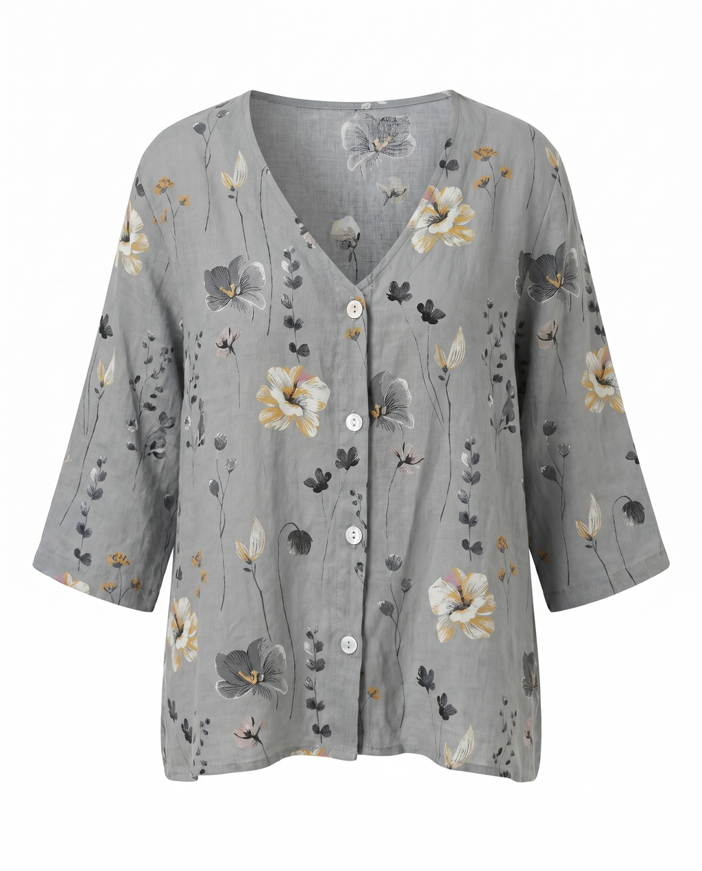 Women's three-quarter sleeve blouse, gray with yellow and white floral print and buttons