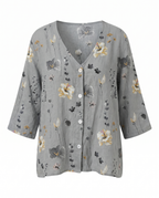 Women's three-quarter sleeve blouse, gray with yellow and white floral print and buttons