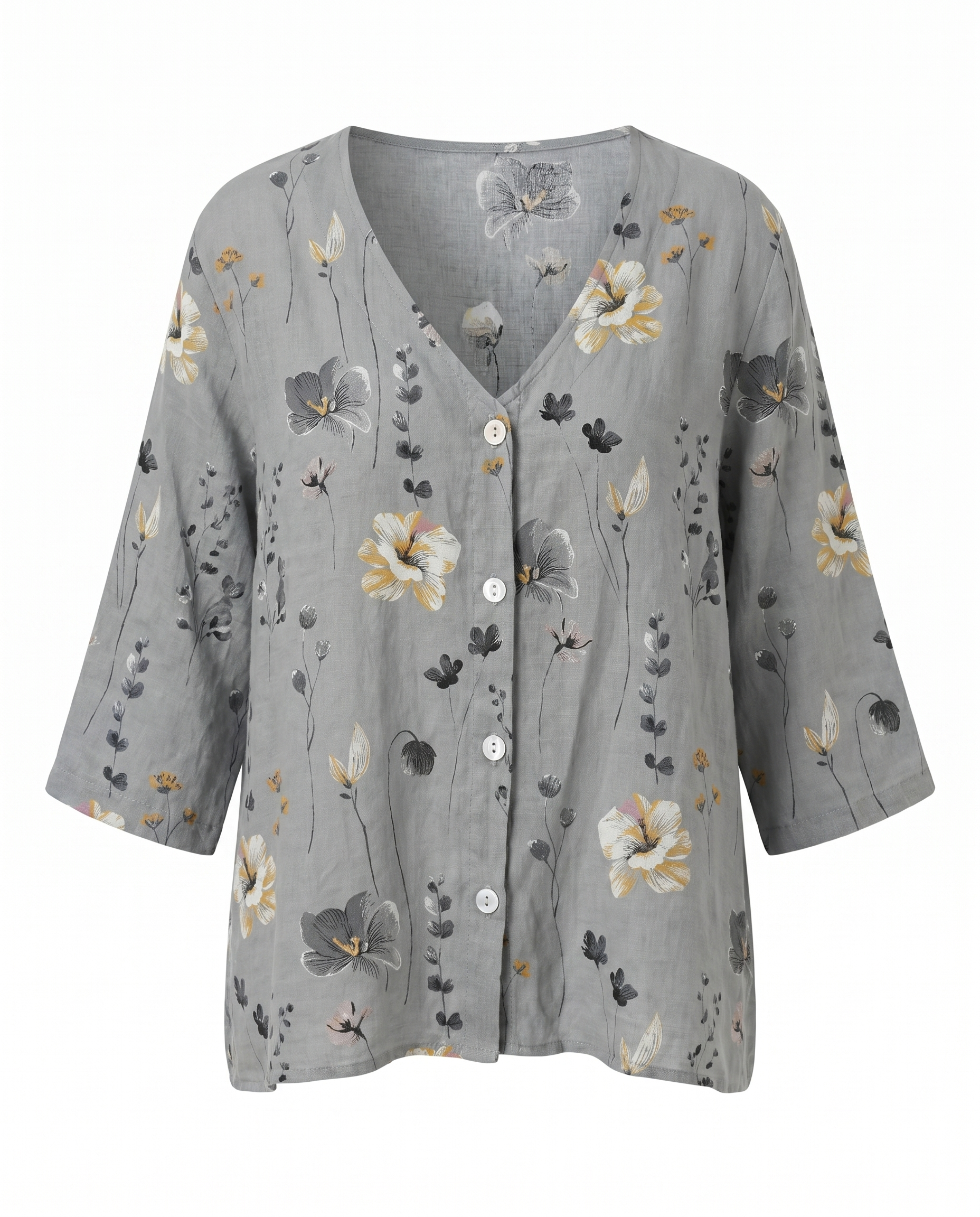 Women's three-quarter sleeve blouse, gray with yellow and white floral print and buttons