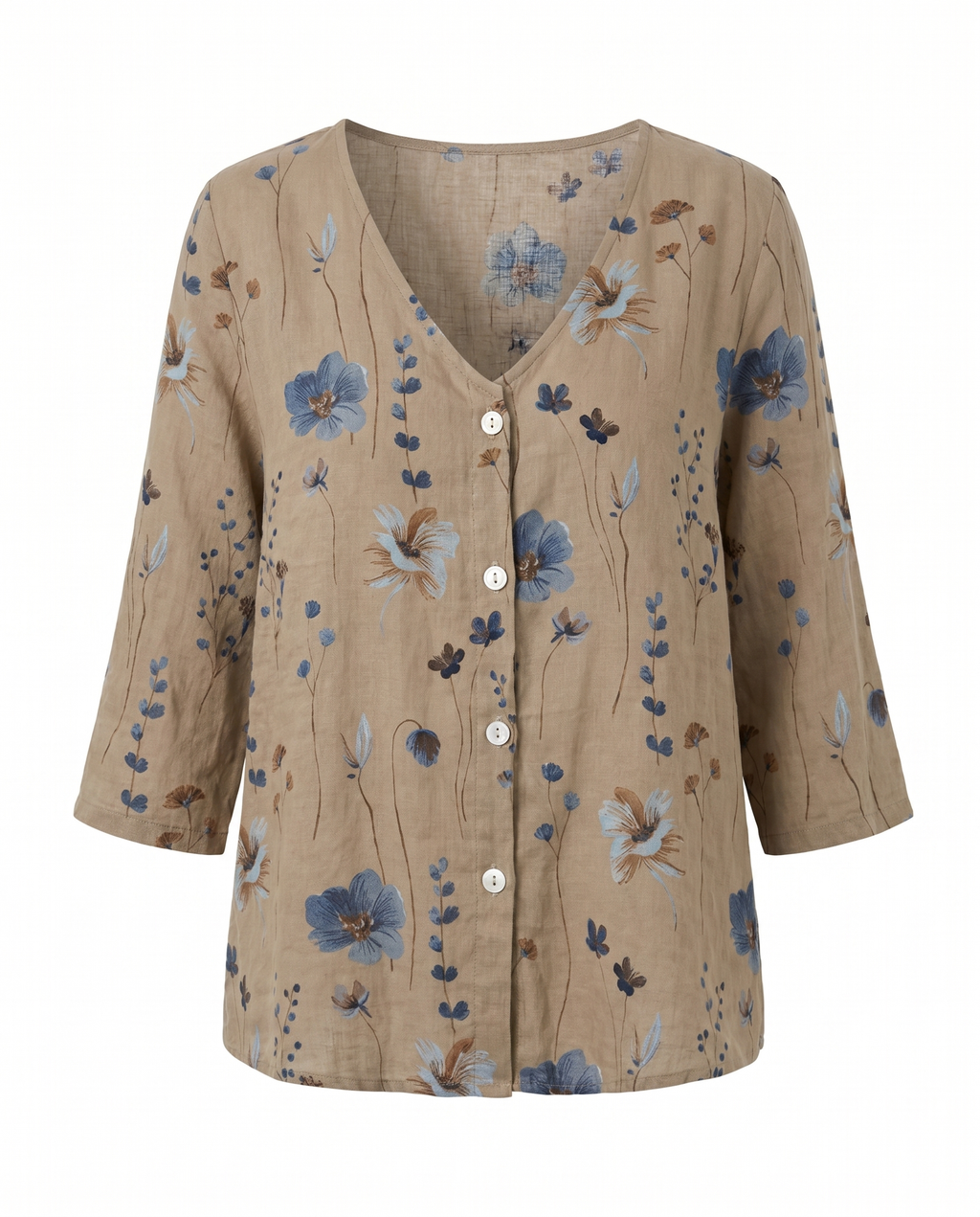 Women's three-quarter sleeve blouse, khaki floral print V-neck with front buttons