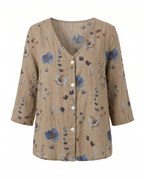 Women's three-quarter sleeve blouse, khaki floral print V-neck with front buttons