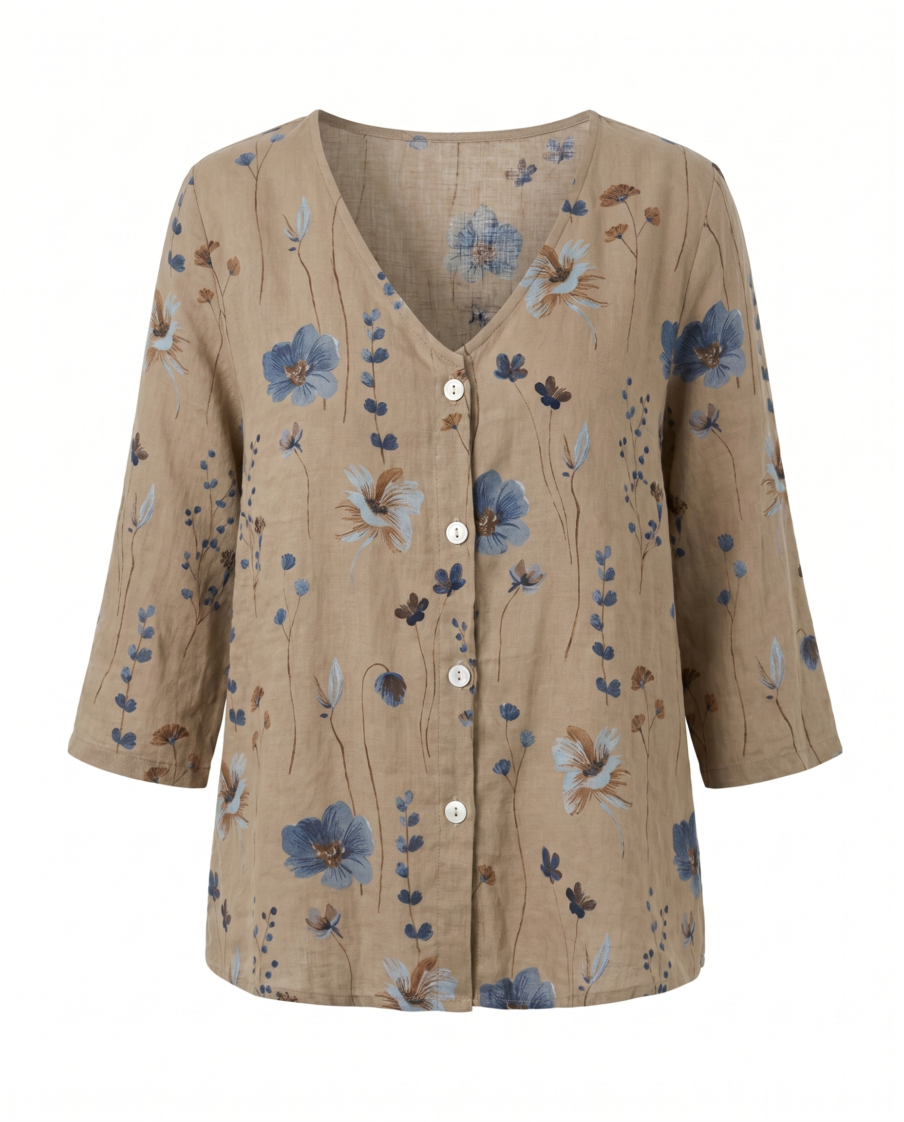 Women's three-quarter sleeve blouse, khaki floral print V-neck with front buttons