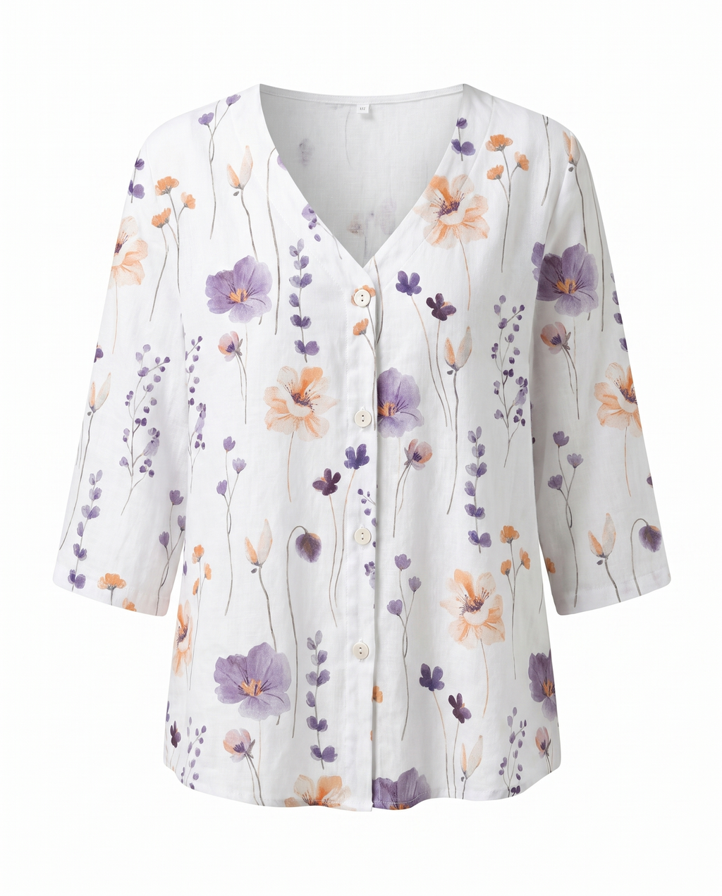 Women's three-quarter sleeve blouse, white with purple and orange floral print and buttons