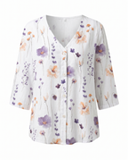 Women's three-quarter sleeve blouse, white with purple and orange floral print and buttons