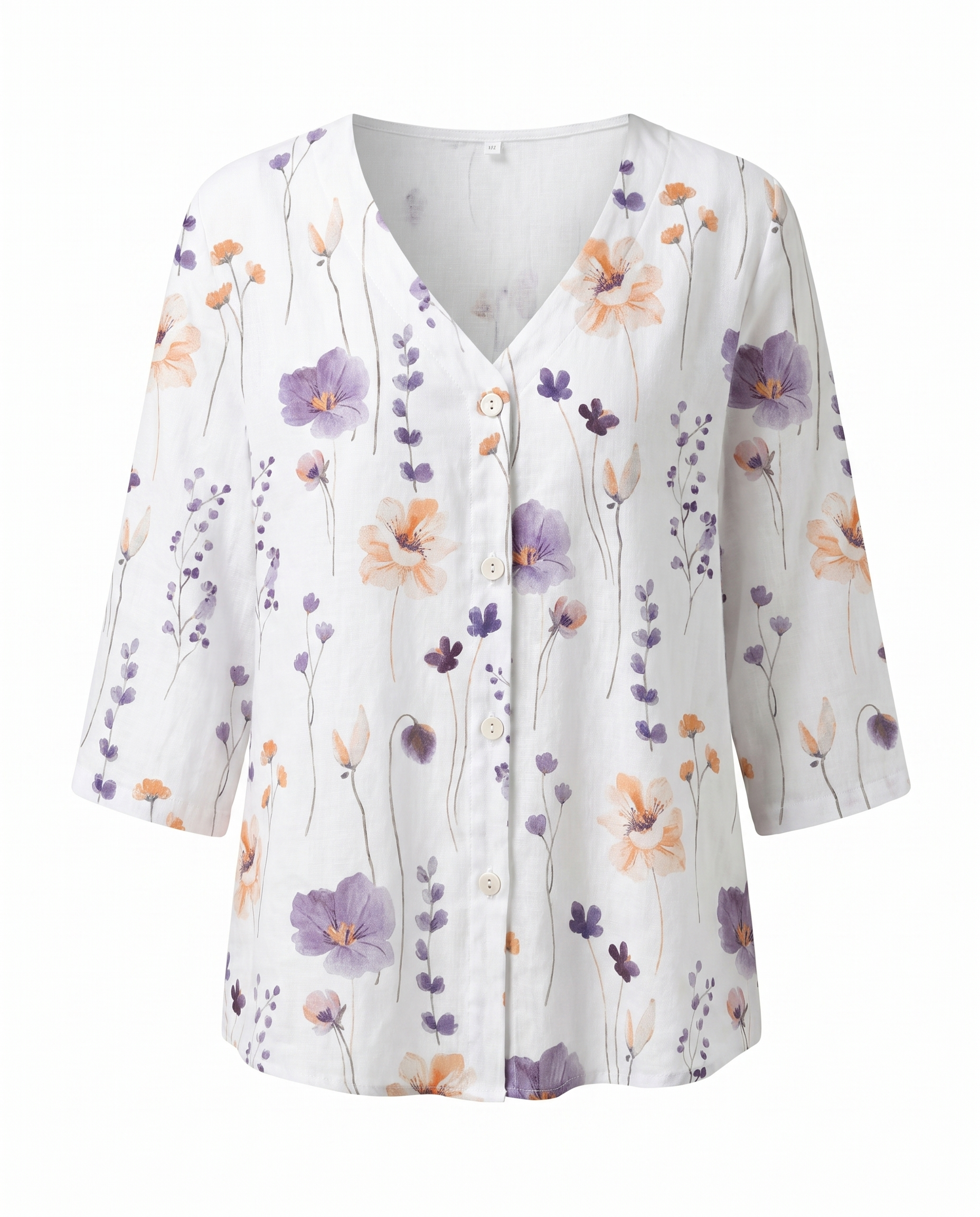 Women's three-quarter sleeve blouse, white with purple and orange floral print and buttons