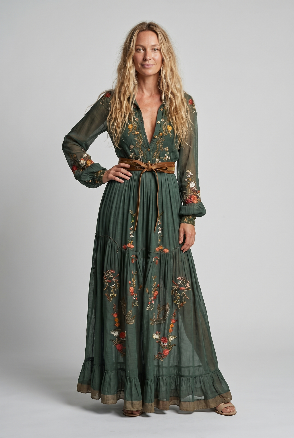 Embroidered bohemian maxi dress with V-neck, long sleeves, and waist tie belt in green